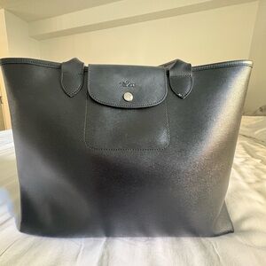 Longchamp Le Pliage City Tote Bag size L in black leather with silver hardware.